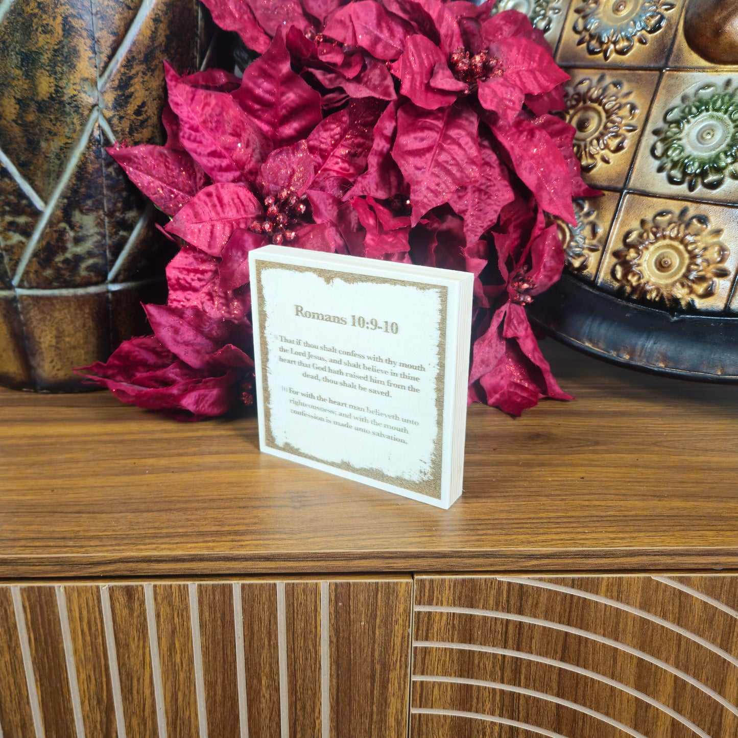 Romans 10:9–10, Engraved (5” x 5”) Wood Panel
