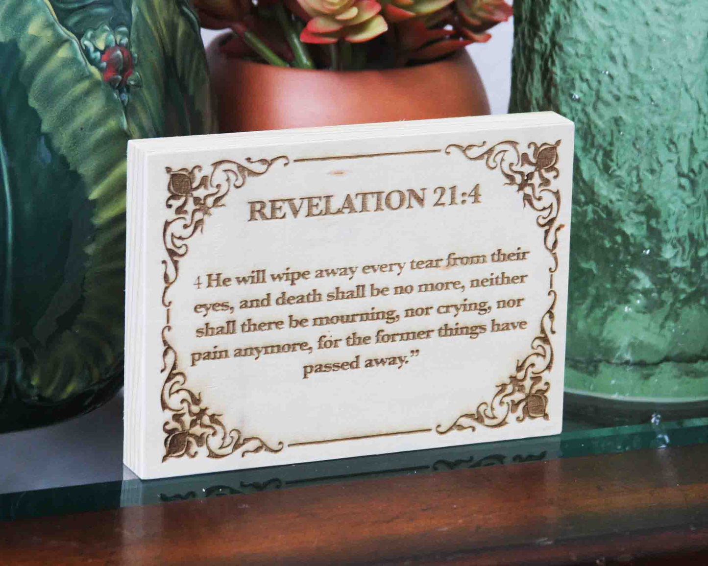 Revelation 21:4, Engraved (5” x 7”) Wood Panel