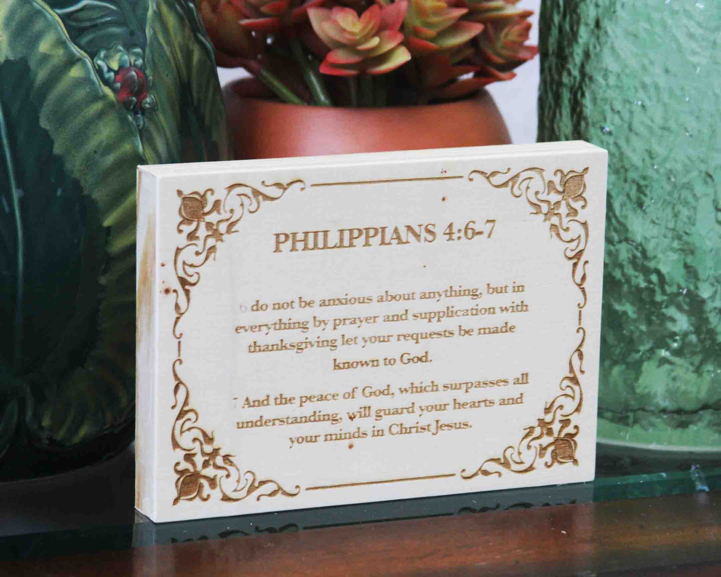 Philippians 4:6–7, Engraved (5” x 7”) Wood Panel
