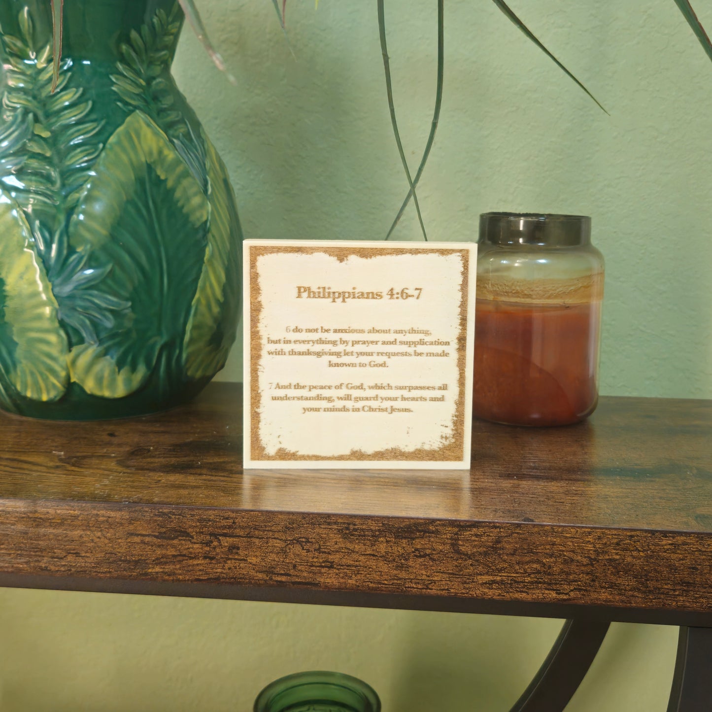 Philippians 4:6–7, Engraved (5” x 5”) Wood Panel