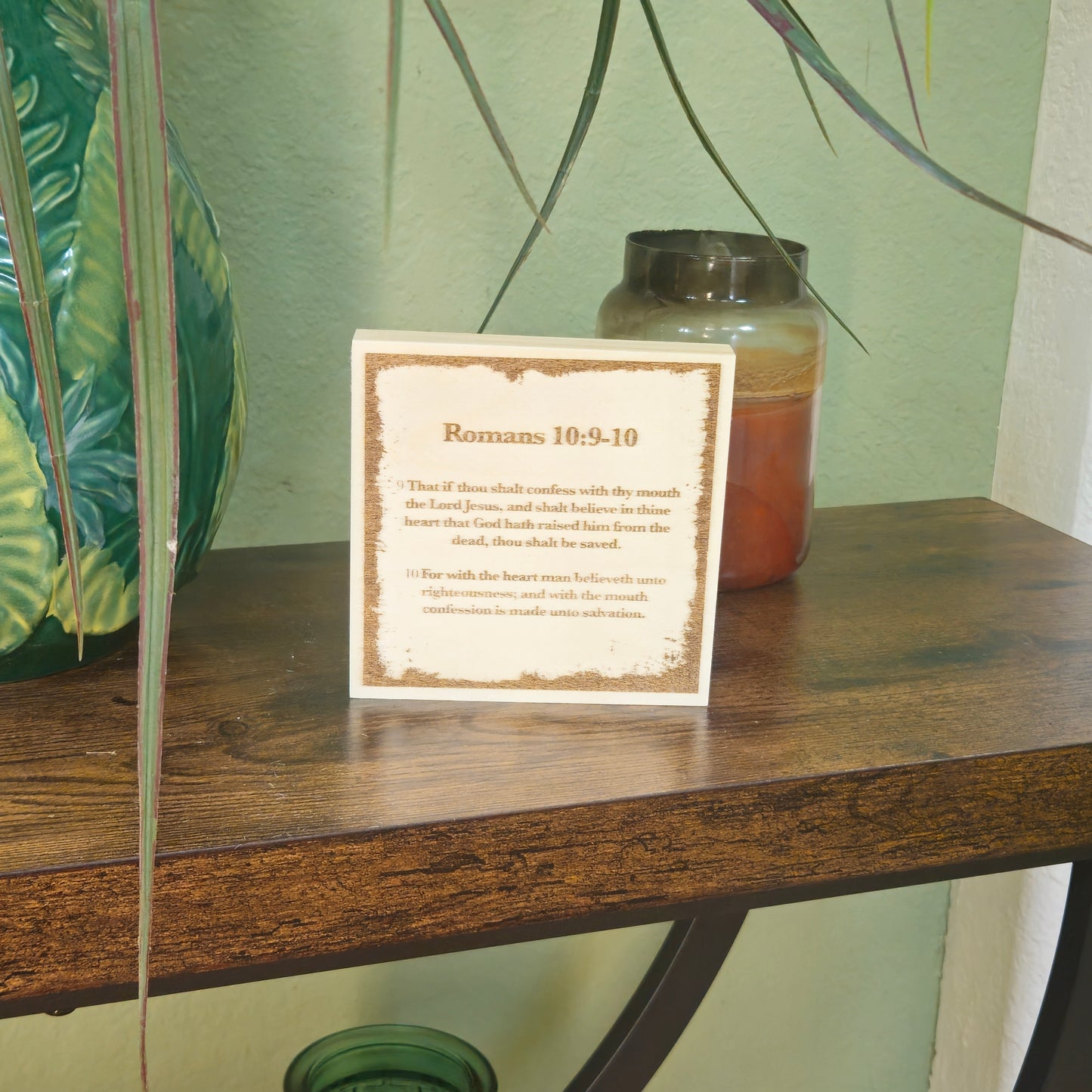 Romans 10:9–10, Engraved (5” x 5”) Wood Panel