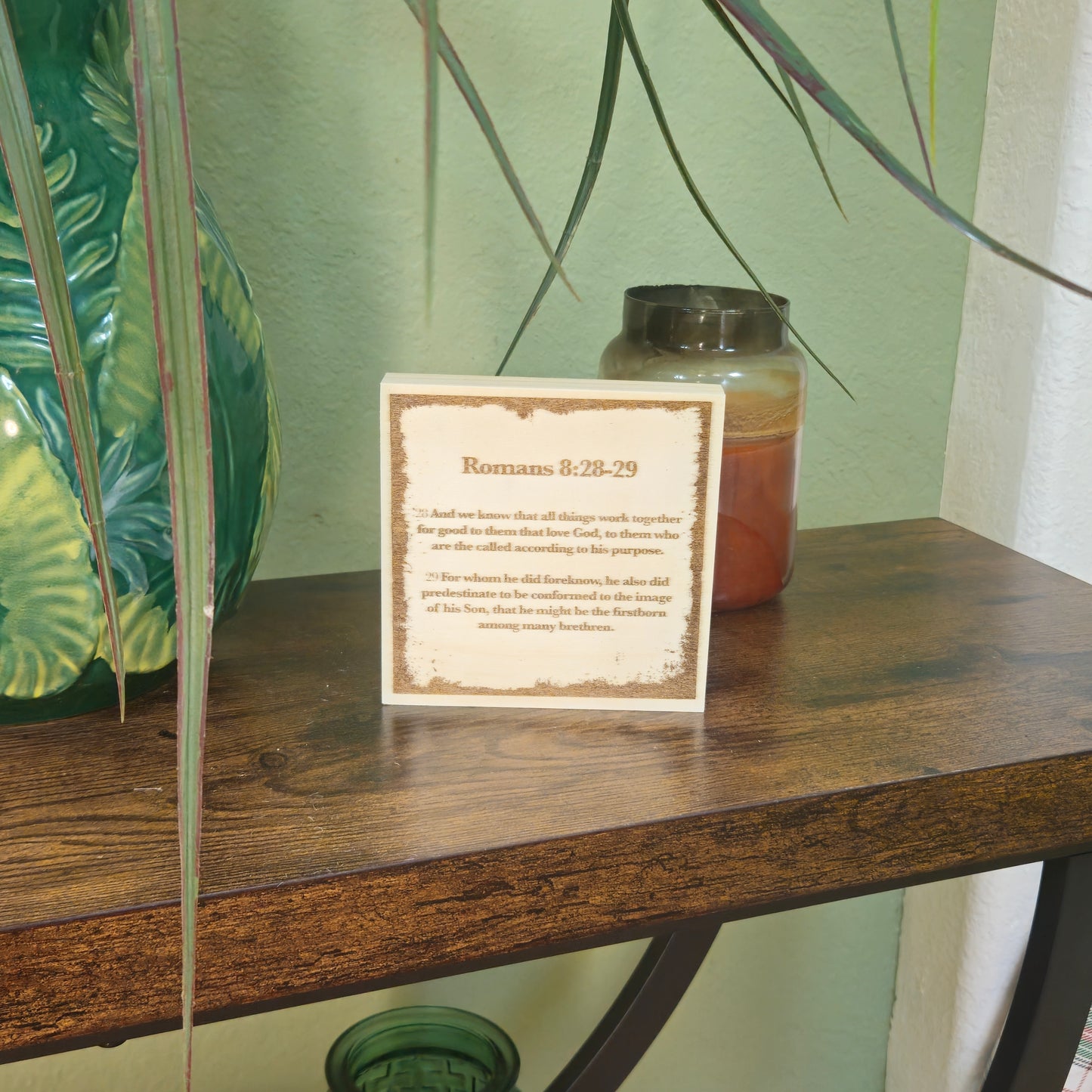 Romans 8:28–29, Engraved (5” x 5”) Wood Panel