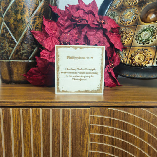 Philippians 4:19, Engraved (5” x 5”) Wood Panel