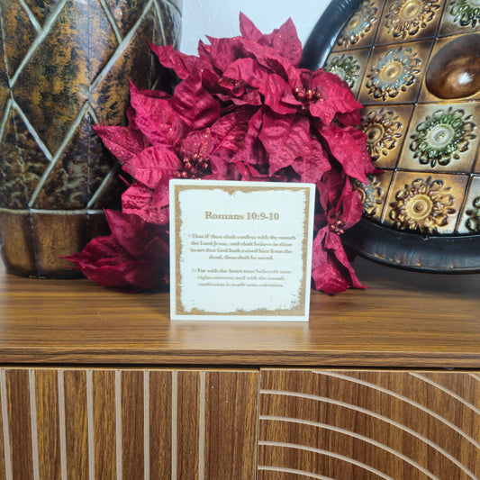 Romans 10:9–10, Engraved (5” x 5”) Wood Panel