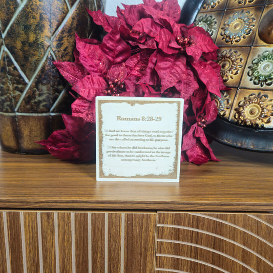 Romans 8:28–29, Engraved (5” x 5”) Wood Panel