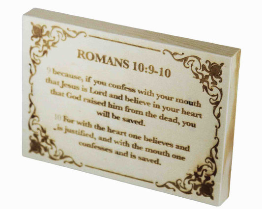 Romans 10:9–10, Engraved (5” x 7”) Wood Panel