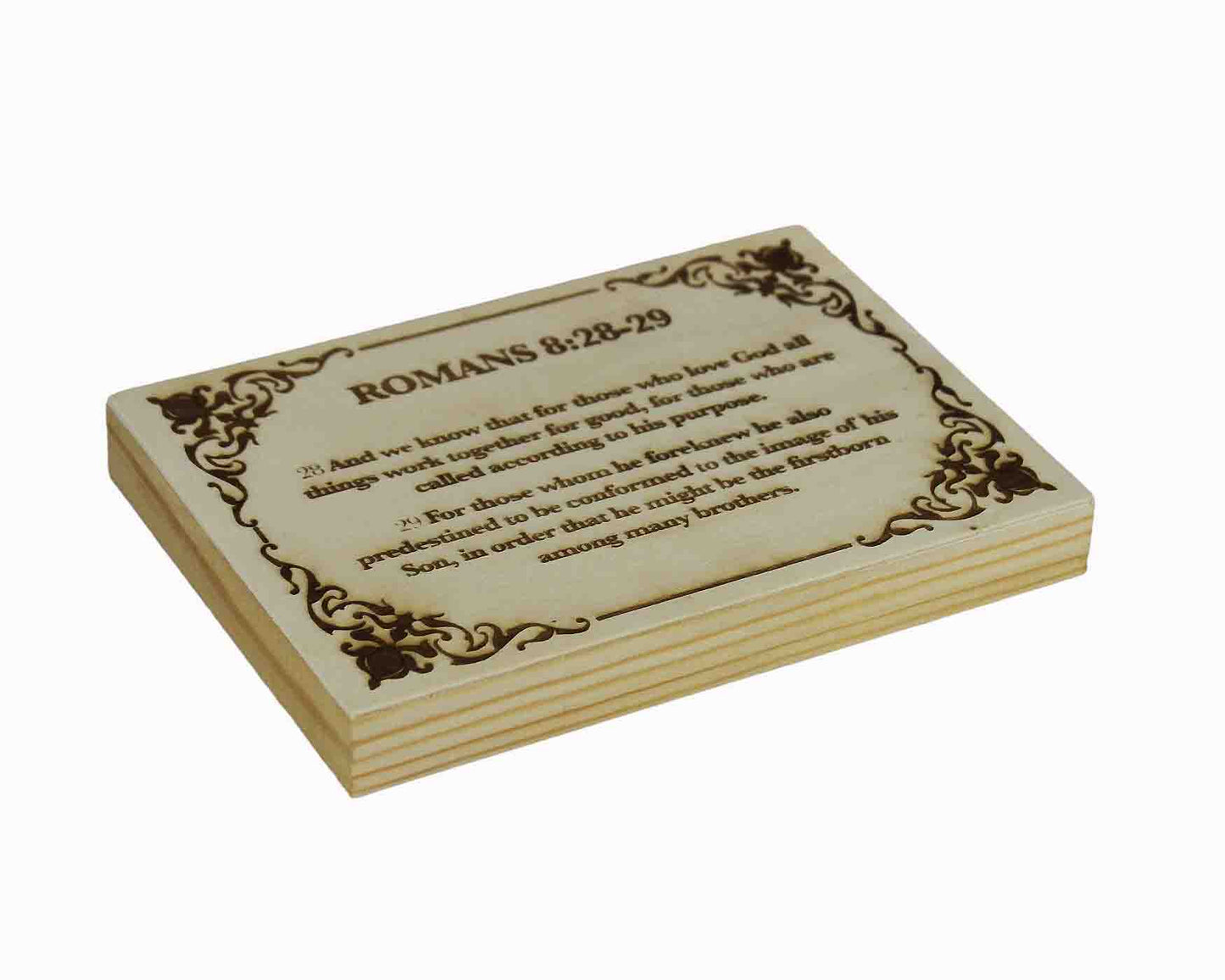 Romans 8:28–29, Engraved (5” x 7”) Wood Panel