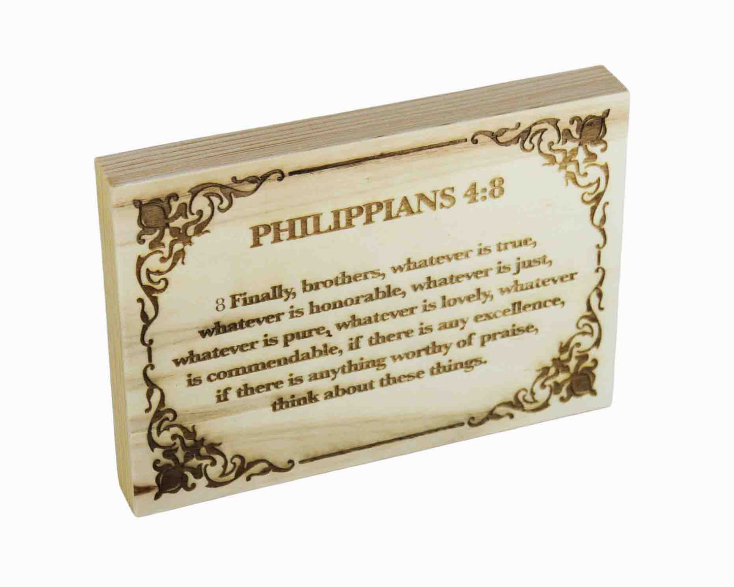 Philippians 4:8, Engraved (5” x 7”) Wood Panel