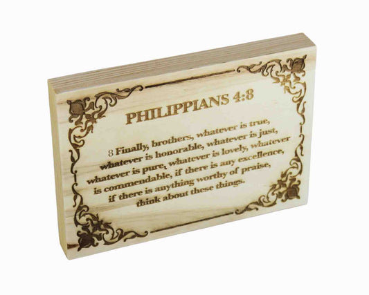 Philippians 4:8, Engraved (5” x 7”) Wood Panel